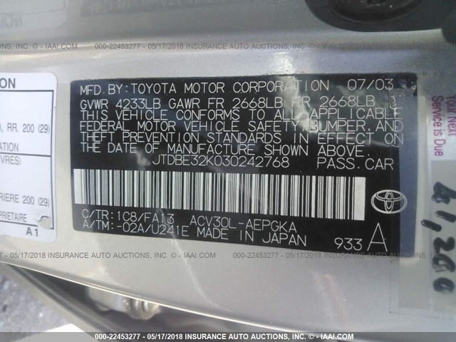 JTDBE32K030242768 - 2003 TOYOTA CAMRY LE/XLE Արծաթագույն լուսանկար 9