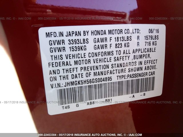 JHMGK5H56GS004895 - 2016 HONDA FIT LX RED photo 9