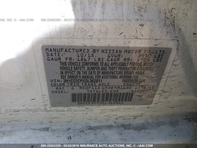 3N1CE2CPXGL362811 - 2016 NISSAN VERSA NOTE S/S PLUS/SV/SL/SR WHITE photo 9