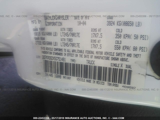 3D7KR26DX5G751491 - 2005 DODGE RAM 2500 ST/SLT 白色 照片 9
