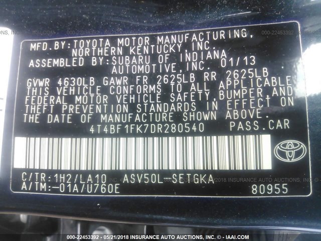 4T4BF1FK7DR280540 - 2013 TOYOTA CAMRY L/SE/LE/XLE 黑色 照片 9