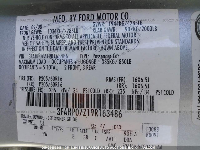 3FAHP07Z19R163486 - 2009 FORD FUSION SE Srebrny zdjęcie 9