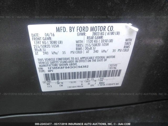 1FM5K8F84GGC94382 - 2016 FORD EXPLORER LIMITED GRAY photo 9