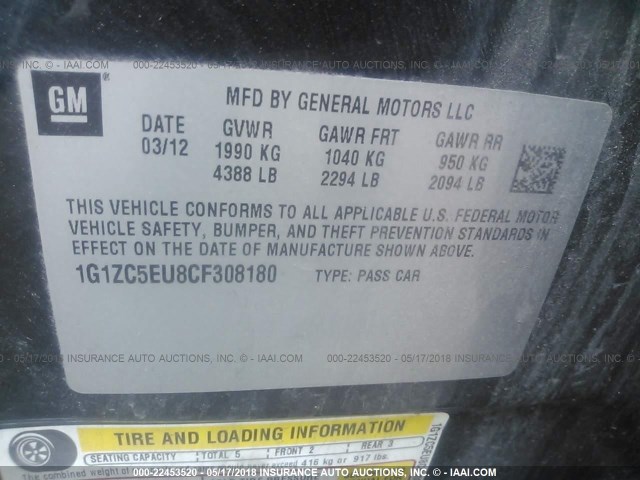 1G1ZC5EU8CF308180 - 2012 CHEVROLET MALIBU 1LT 黑色 照片 9