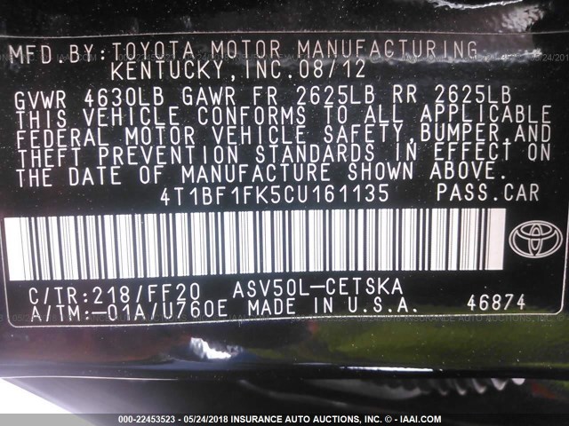 4T1BF1FK5CU161135 - 2012 TOYOTA CAMRY SE/LE/XLE BLACK photo 9