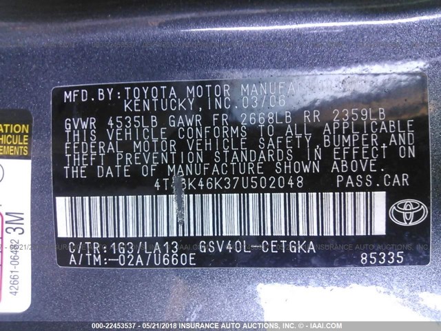 4T1BK46K37U502048 - 2007 TOYOTA CAMRY NEW GENERAT LE/XLE/SE GRAY photo 9