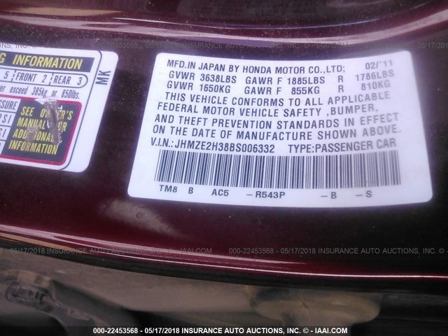 JHMZE2H38BS006332 - 2011 HONDA INSIGHT MAROON photo 9