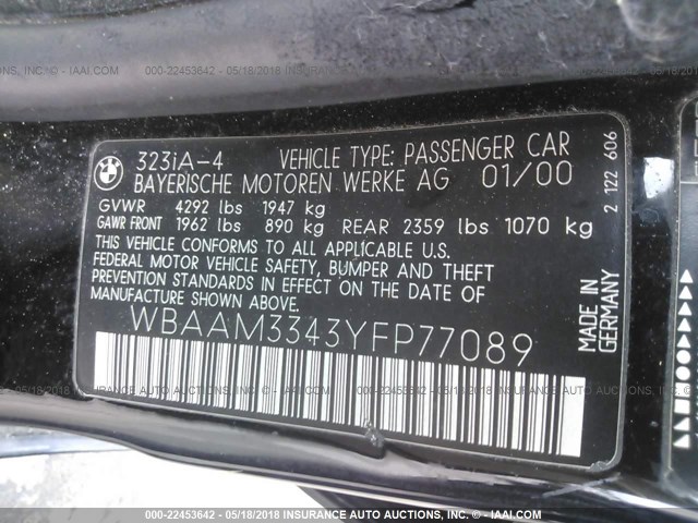 WBAAM3343YFP77089 - 2000 BMW 323 I BLACK photo 9
