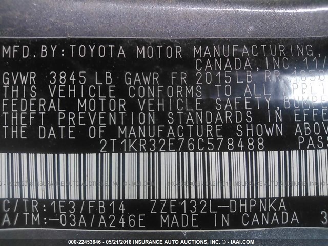 2T1KR32E76C578488 - 2006 TOYOTA COROLLA MATRIX XR GRAY photo 9