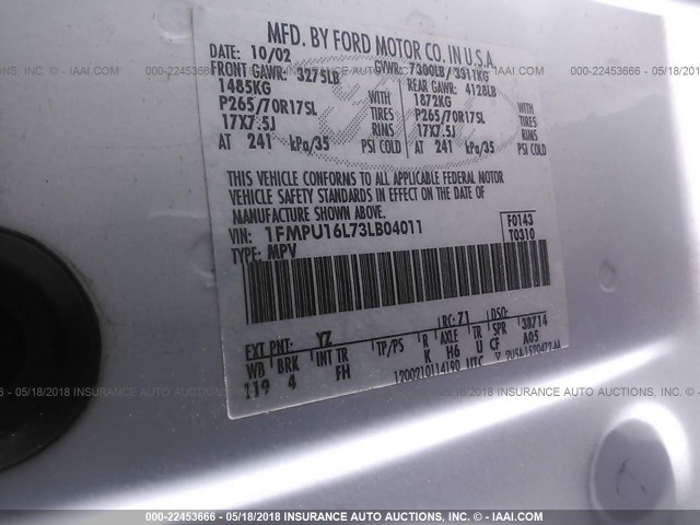 1FMPU16L73LB04011 - 2003 FORD EXPEDITION XLT 白色 照片 9