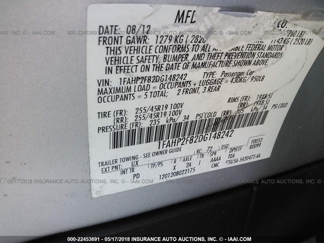 1FAHP2F82DG148242 - 2013 FORD TAURUS LIMITED SILVER photo 9