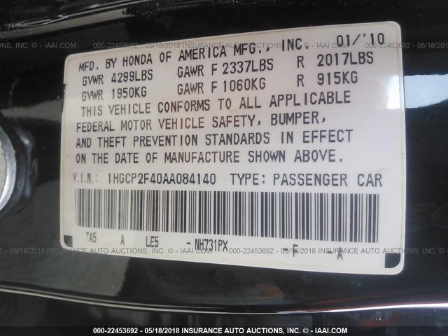 1HGCP2F40AA084140 - 2010 HONDA ACCORD LXP BLACK photo 9