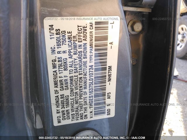 1HGES16375L010734 - 2005 HONDA CIVIC DX VP GRAY photo 9