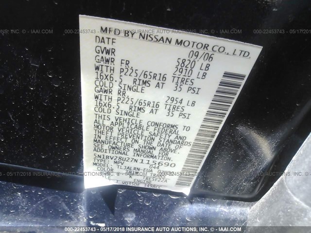 5N1BV28U27N115690 - 2007 NISSAN QUEST S/SE/SL BLUE photo 9