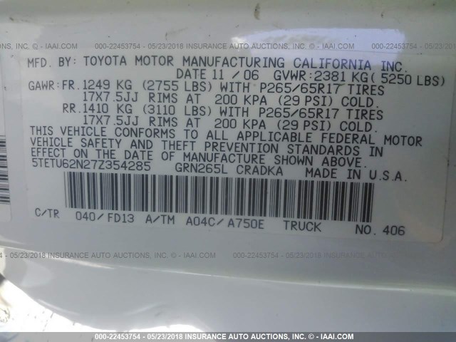 5TETU62N27Z354285 - 2007 TOYOTA TACOMA PRERUNNER ACCESS CAB WHITE photo 9