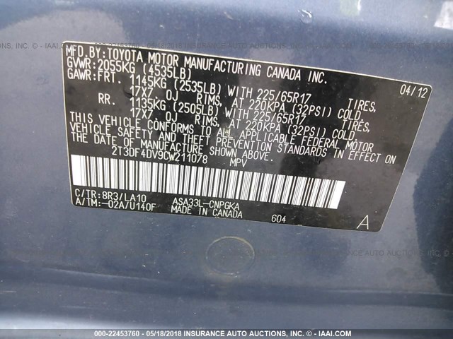 2T3DF4DV9CW211078 - 2012 TOYOTA RAV4 LIMITED Qara foto 9