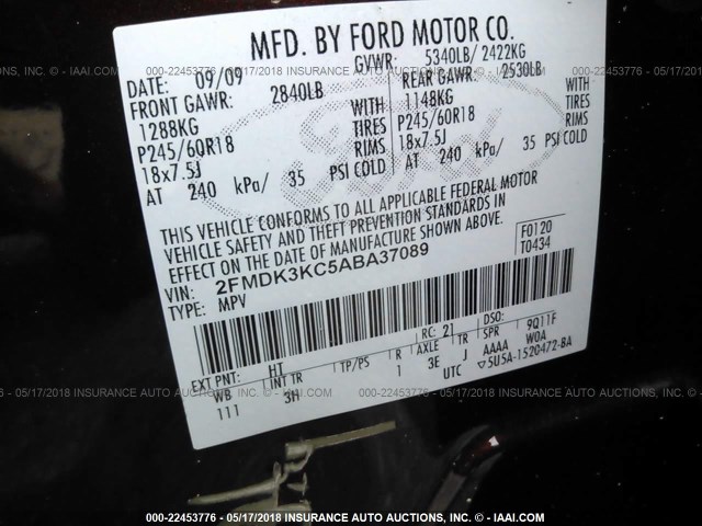 2FMDK3KC5ABA37089 - 2010 FORD EDGE LIMITED MAROON photo 9