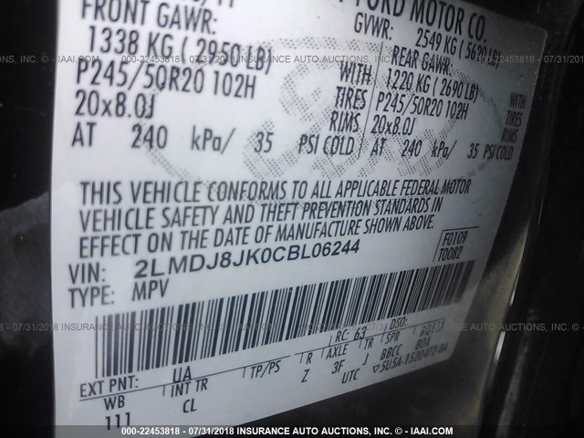 2LMDJ8JK0CBL06244 - 2012 LINCOLN MKX შავი ფოტო 9