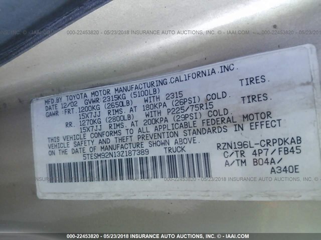 5TESM92N13Z187389 - 2003 TOYOTA TACOMA XTRACAB PRERUNNER ოქროსფერი ფოტო 9