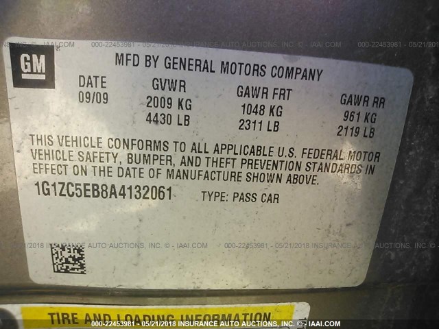 1G1ZC5EB8A4132061 - 2010 CHEVROLET MALIBU 1LT 灰色 照片 9