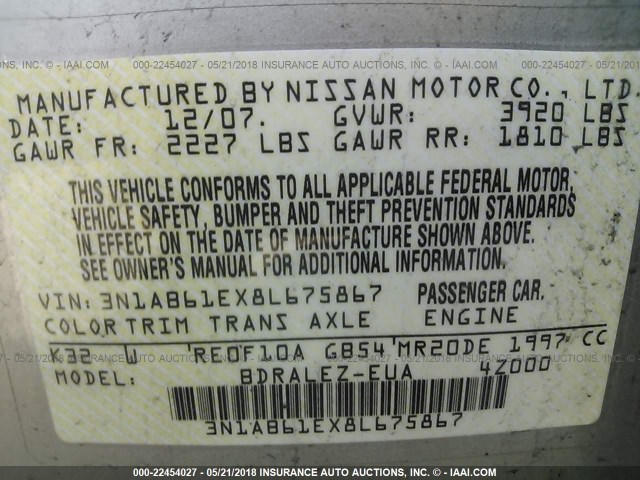 3N1AB61EX8L675867 - 2008 NISSAN SENTRA 2.0/2.0S/2.0SL GOLD photo 9