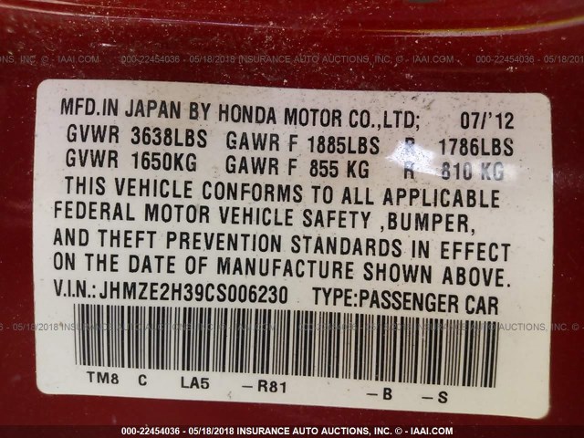 JHMZE2H39CS006230 - 2012 HONDA INSIGHT RED photo 9