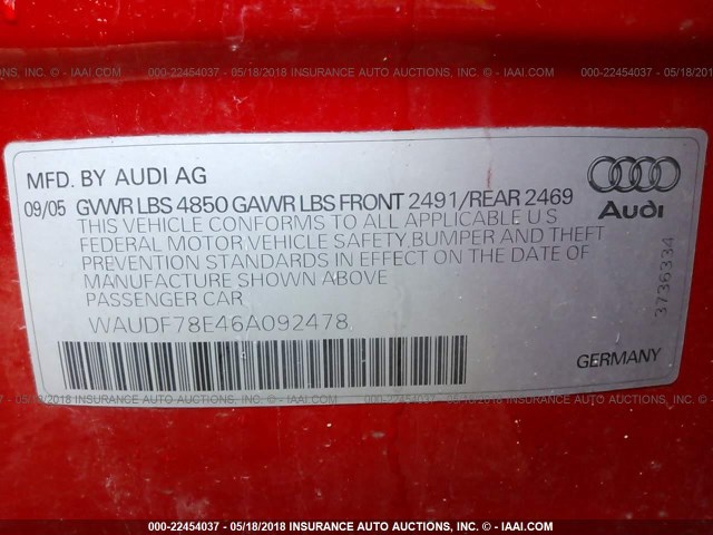 WAUDF78E46A092478 - 2006 AUDI A4 2.0T QUATTRO RED photo 9