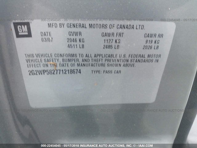 2G2WP582771218674 - 2007 PONTIAC GRAND PRIX GRAY photo 9