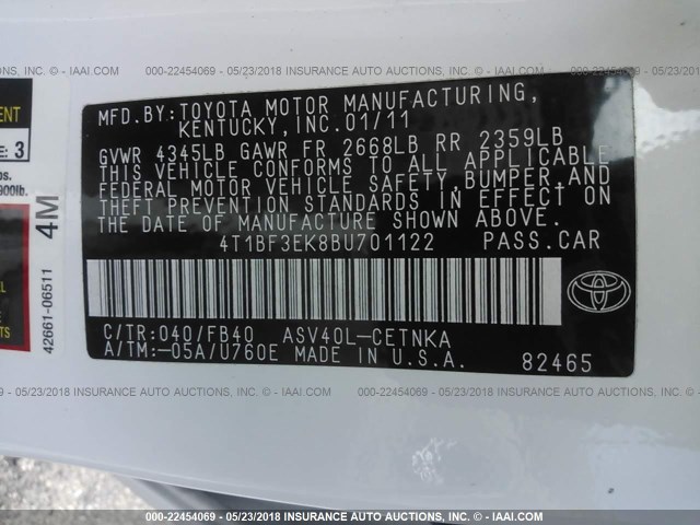4T1BF3EK8BU701122 - 2011 TOYOTA CAMRY SE/LE/XLE 白色 照片 9