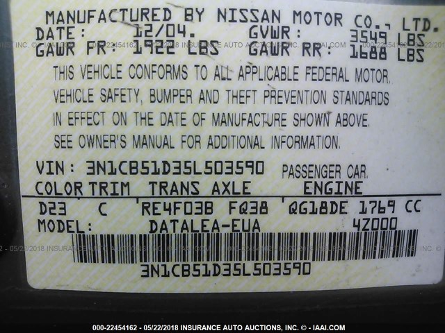 3N1CB51D35L503590 - 2005 NISSAN SENTRA 1.8/1.8S GREEN photo 9