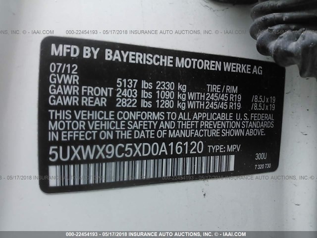 5UXWX9C5XD0A16120 - 2013 BMW X3 XDRIVE28I WHITE photo 9