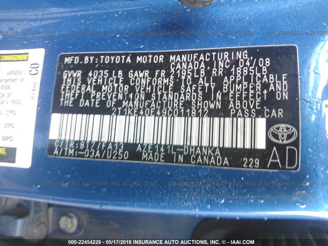 2T1KE40E49C011812 - 2009 TOYOTA COROLLA MATRIX S BLUE photo 9