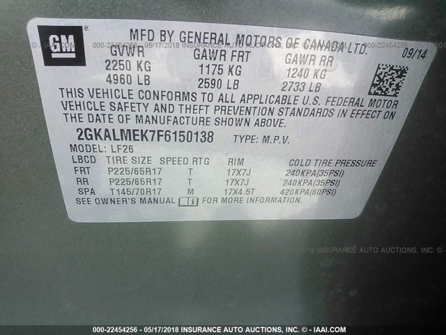 2GKALMEK7F6150138 - 2015 GMC TERRAIN SLE GREEN photo 9