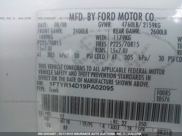 1FTYR14D19PA02095 - 2009 FORD RANGER SUPER CAB WHITE photo 9