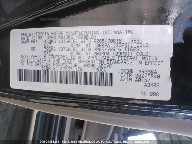 5TBRT34133S371179 - 2003 TOYOTA TUNDRA ACCESS CAB SR5 BLACK photo 9