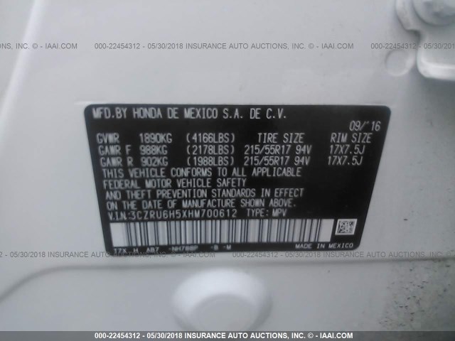 3CZRU6H5XHM700612 - 2017 HONDA HR-V EX WHITE photo 9