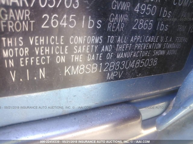 KM8SB12B33U485038 - 2003 HYUNDAI SANTA FE GL BLUE photo 9