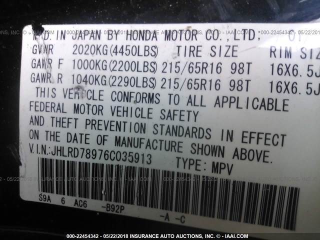 JHLRD78976C035913 - 2006 HONDA CR-V SE/EX BLACK photo 9