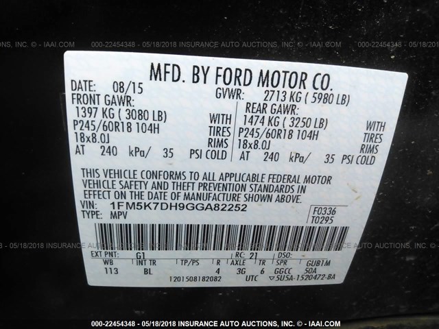 1FM5K7DH9GGA82252 - 2016 FORD EXPLORER XLT BLACK photo 9