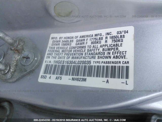 1HGES16304L020035 - 2004 HONDA CIVIC DX VP Gümüş foto 9