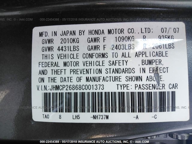 JHMCP26868C001373 - 2008 HONDA ACCORD EXL GRAY photo 9
