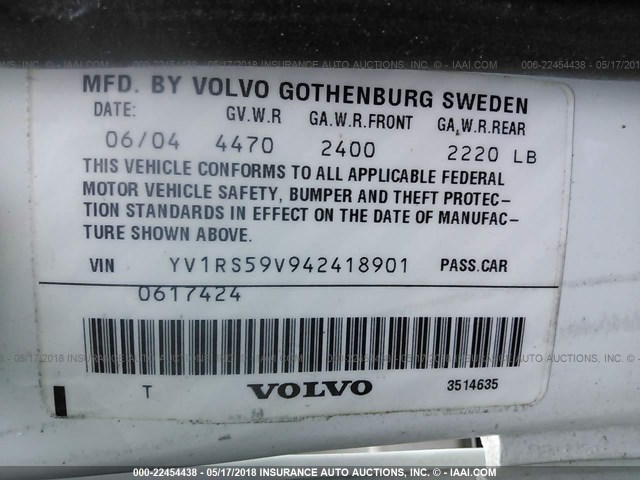 YV1RS59V942418901 - 2004 VOLVO S60 2.5T WHITE photo 9