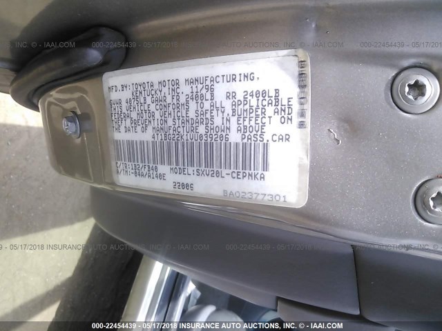 JT2BG28K110535760 - 2001 TOYOTA CAMRY LE/XLE GRAY photo 9