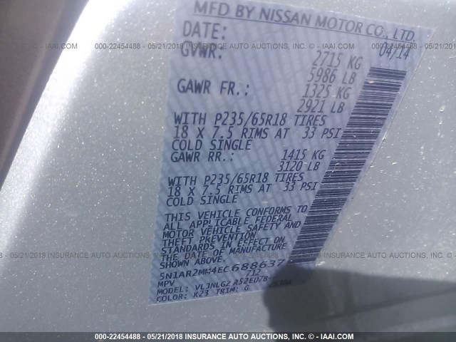 5N1AR2MM4EC688637 - 2014 NISSAN PATHFINDER S/SV/SL/PLATINUM 银色 照片 9