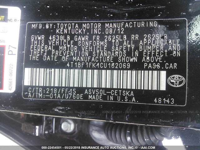 4T1BF1FK1CU162069 - 2012 TOYOTA CAMRY SE/LE/XLE 黑色 照片 9