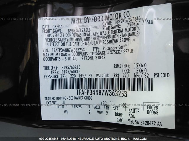 1FAFP34N87W363253 - 2007 FORD FOCUS ZX4/S/SE/SES 红色 照片 9