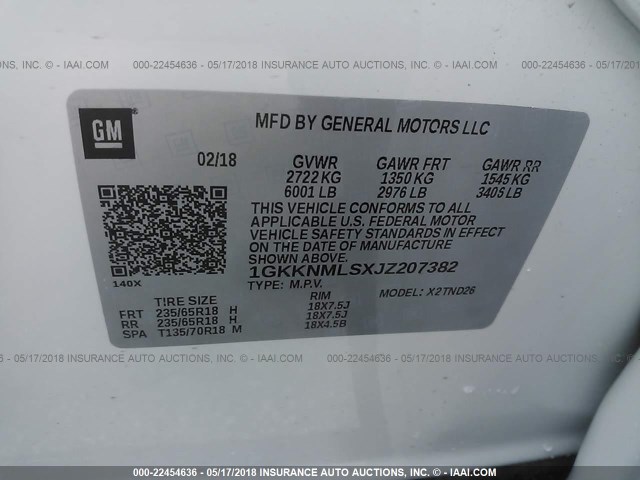 1GKKNMLSXJZ207382 - 2018 GMC ACADIA SLT-1 Biały zdjęcie 9