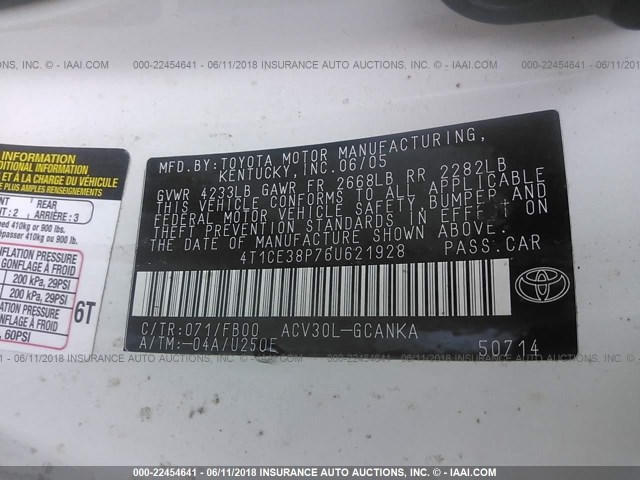 4T1CE38P76U621928 - 2006 TOYOTA CAMRY SOLARA SE/SLE WHITE photo 9