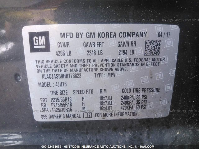 KL4CJASB9HB178823 - 2017 BUICK ENCORE PREFERRED GRAY photo 9