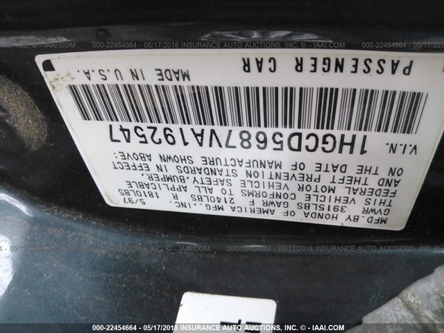 1HGCD5687VA192547 - 1997 HONDA ACCORD VALUE GREEN photo 9